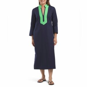Sail to Sable Navy Green Nautical Cotton Signature Caftan Midi Dress S NWT